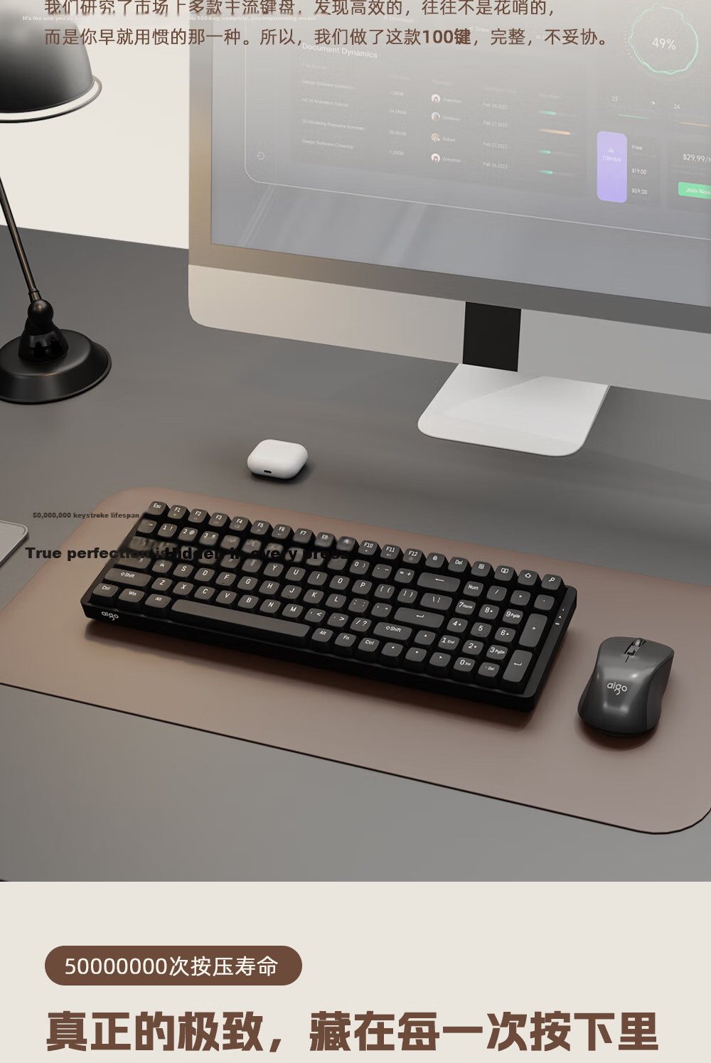 Aigo CK100 Wireless Keyboard and Mouse Mechanical Switch 2.4G Connection Gaming Business Office Universal High-Value Mechanical Keyboard and Mouse Set Coffee Color Red Switch 5