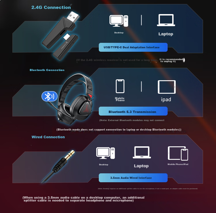 Taidu THS318 Lightweight Luan Competitive Edition Four-Mode Wireless Gaming Headset Computer Over-Ear Delta FPS Game Sound Positioning No-Light Black 8