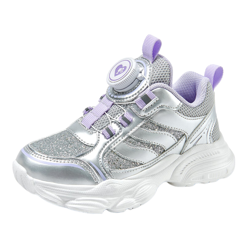 Barbie Children's Shoes, Girls' Spring And Autumn Fashion Dad Shoes, Outdoor Rotary Button Casual Sneakers, Kids' DA6708, Silver Purple, Size 29