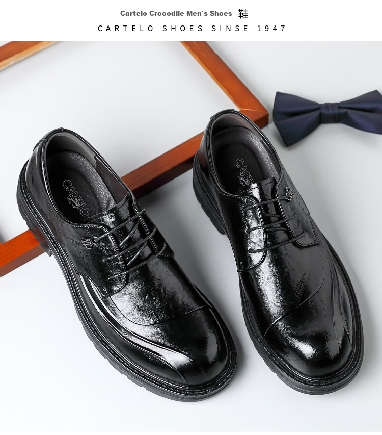 CARTELO British Men's Leather Shoes, Thick-Soled Height-Increasing Business Casual Shoes, Round Toe Soft Cowhide Shoes for Men, 9923 Black Height-Increasing Size 42 16