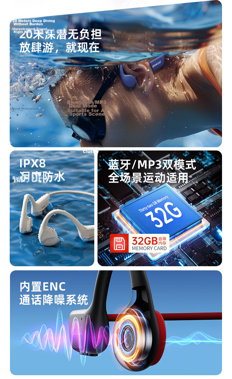 Platinum X7 Bone Conduction Bluetooth Earphones Open-Ear Professional Swimming Wireless Sports Earphones Running Fitness Cycling Anti-Drop Waterproof Sweatproof Long Battery Life 3