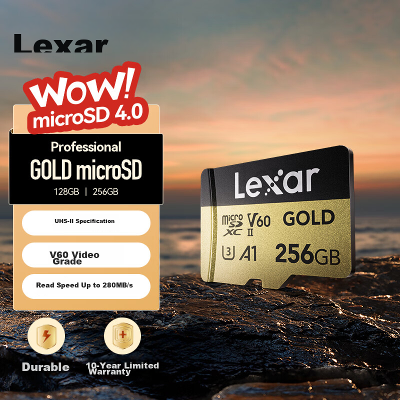 Карта памяти Lexar 256GB TF (MicroSD) U3 V60 A1, скорость чтения 280 МБ/с, записи 180 МБ/с, для 4K Ultra HD записи (GOLD)