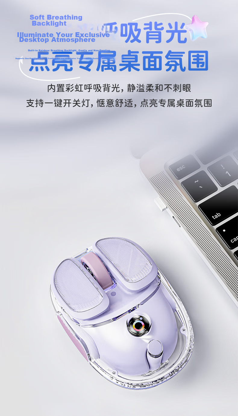 EWEADN Q9 Xiao Doudou Wireless Bluetooth Dual-Mode Transparent Mouse, Rechargeable Gaming Mouse for PC And Laptop, Low-Profile Lightweight RGB Lighting Effects, Rouge Pink 9