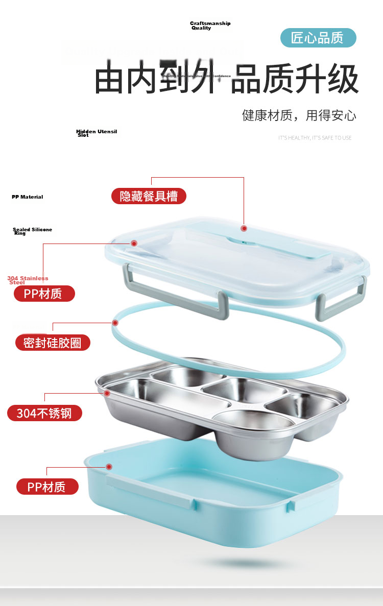 MAXCOOK 304 Stainless Steel Lunch Box Large Deep Five-Compartment Student Lunch Box 2L with Cutlery Soup Bowl Insulated Bag MCFT8772 8