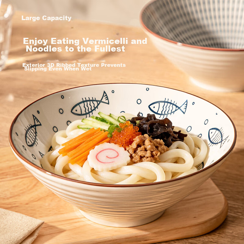 IJARL Ceramic Ramen Bowl Large Soup Bowl Beef Noodle Bowl Chinese Style 8-Inch Blue Grass
