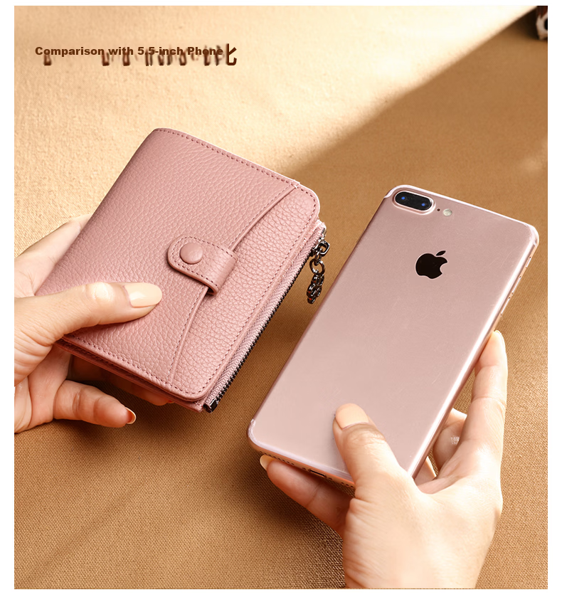 Viney Top-Grain Leather Women's Wallet, Short Foldable Zipper Coin Purse, Multi-Card Slots, Multifunctional Wallet, Card Holder, ID Holder 14