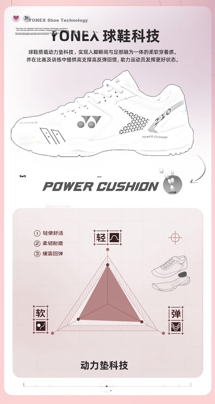 YONEX Badminton Shoes, Women's Model, Wear-Resistant, Shock-Absorbing, Breathable, SHB210C, White/light Pink, Size 39 2