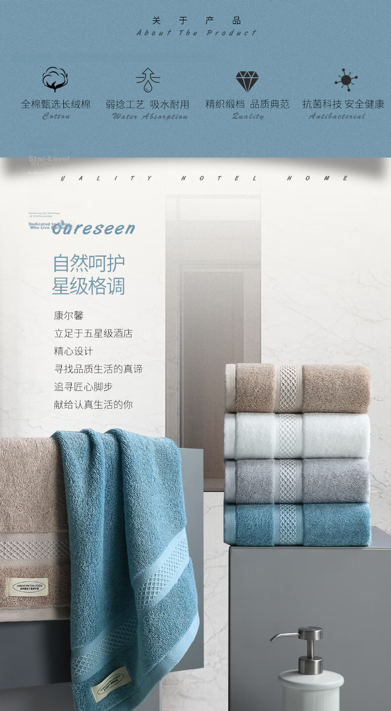 Canasin Pure Cotton Antibacterial Towel, Soft And Absorbent Five-Star Hotel Face Washing Sports Towel Single Pack Blue 180g 2