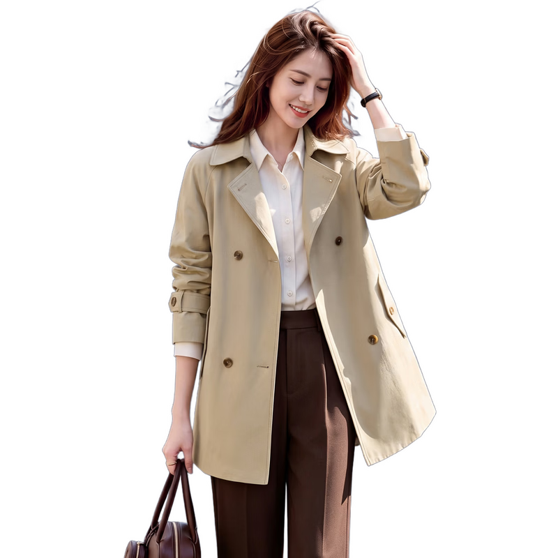 Chushen Women's Spring and Autumn Casual Double-Breasted Trench Coat Raglan Sleeve British Retro Stylish Jacket S143U8002