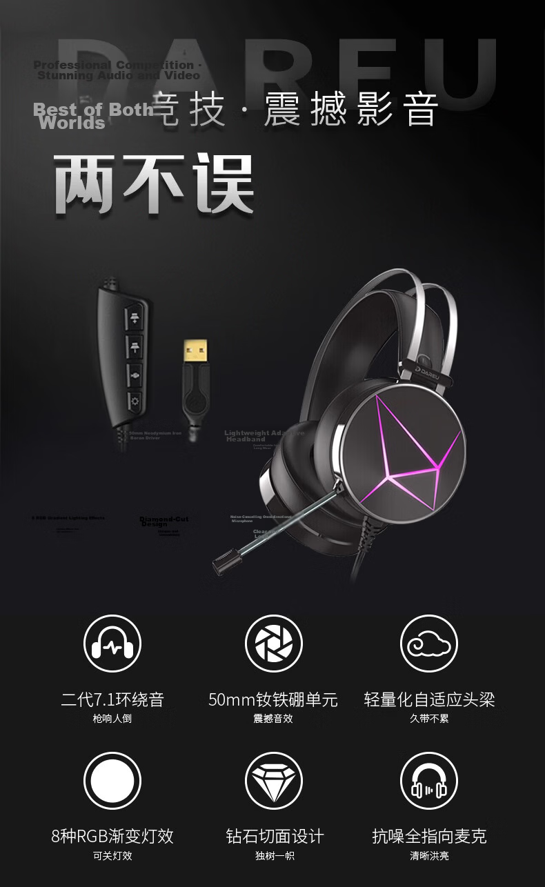 DAREU EH722RGB Gaming Headset Delta Operation 7.1 Surround Sound Over-Ear Desktop Esports Headphones Black Myth Wukong Phantom Black 3