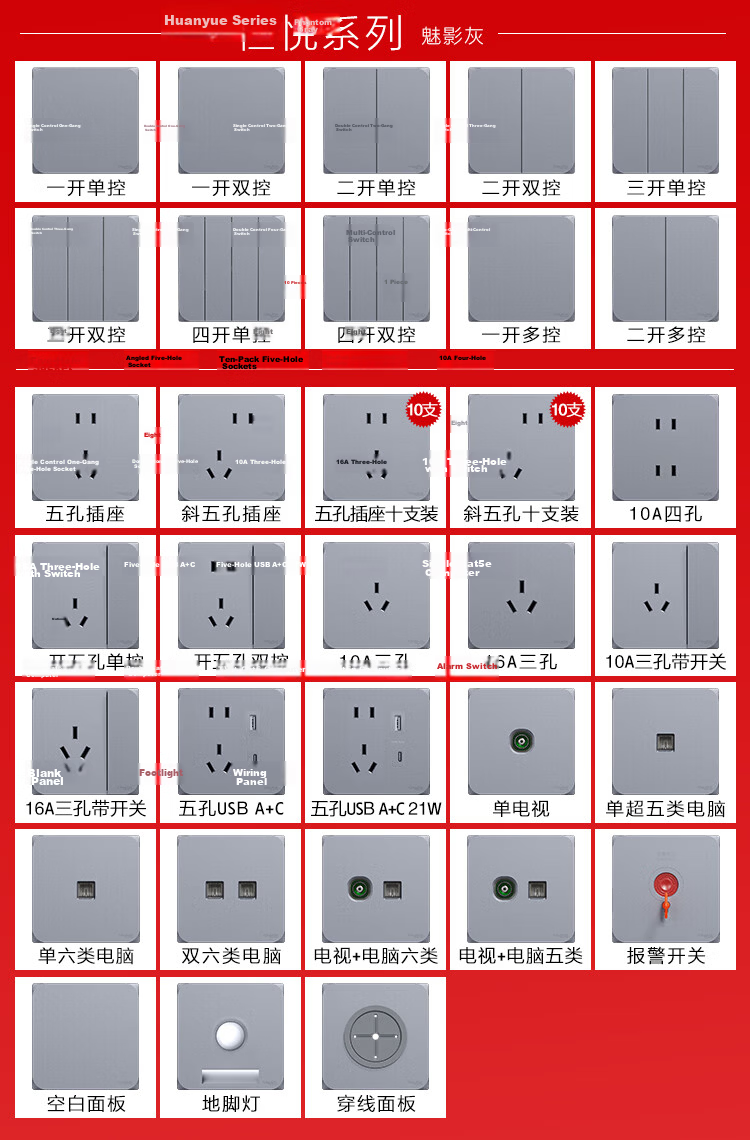 Schneider Single-Port Category 6 Computer Socket, 86-Type Network Cable Information Socket Panel, Huan Yue Series, Charming Gray Color 1