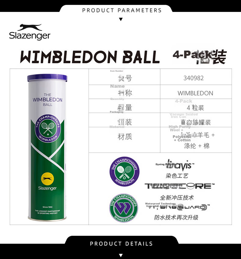 Slazenger 4-Ball Tennis Set, Metal Can, for Wimbledon Training And Matches, Full Box of 18 Tubes, New Packaging 340982*18 4