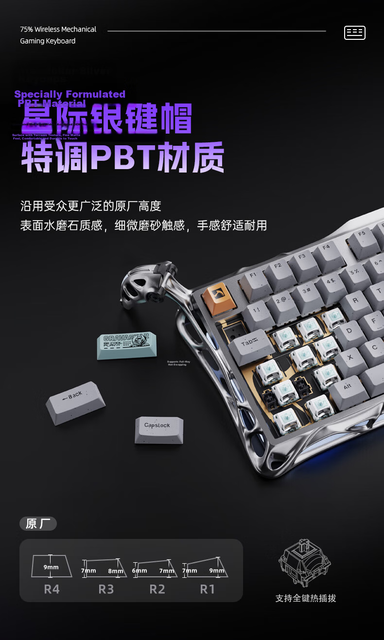 GravaStar Mechanical Gaming Keyboard, Chaojia 75-Key Layout, Wireless/wired/Bluetooth Tri-Mode, Vintage Metal Design with Feet, GS K1 PRO Battle-Damaged Yellow 11