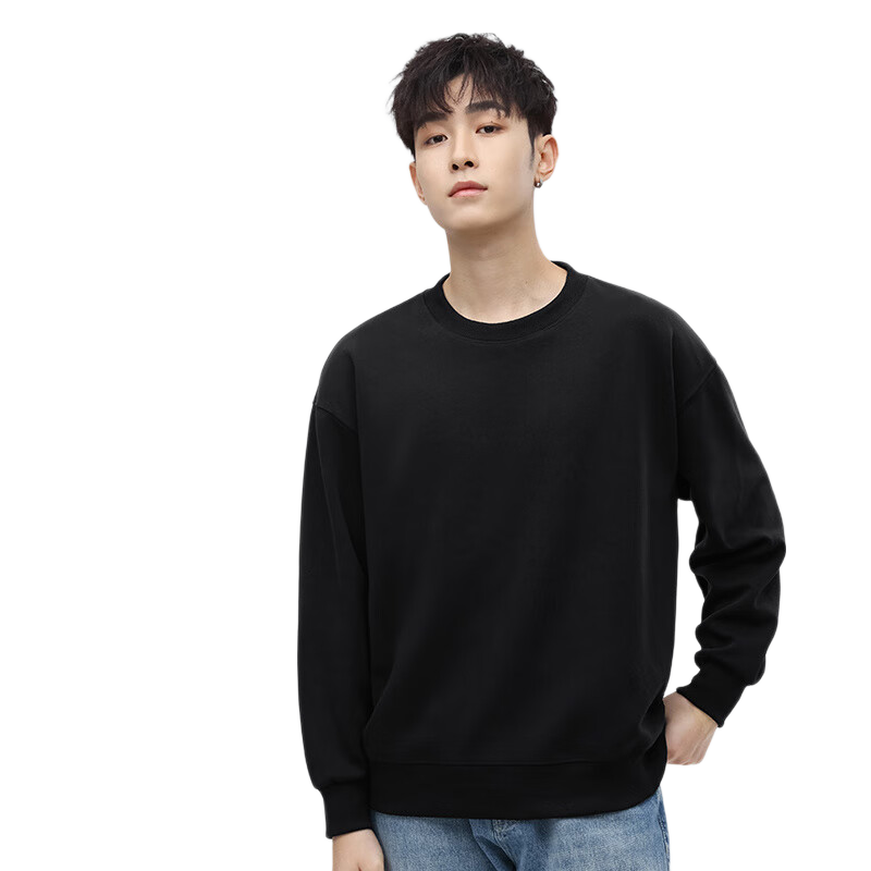 Jeanswest Men's Pullover Hoodie Spring Autumn Trendy Solid Color Breathable Comfortable Black 2XL
