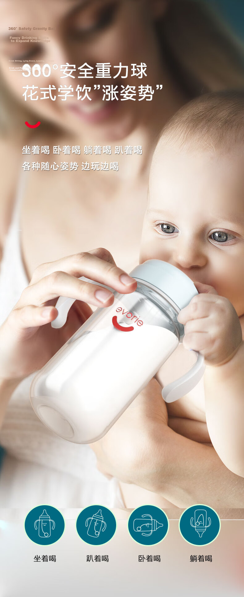 Evorie Baby Bottle Set, Wide-Neck Bottles for Babies over 6 Months Old, One Bottle with Three Functions, 300ml, Blue 9