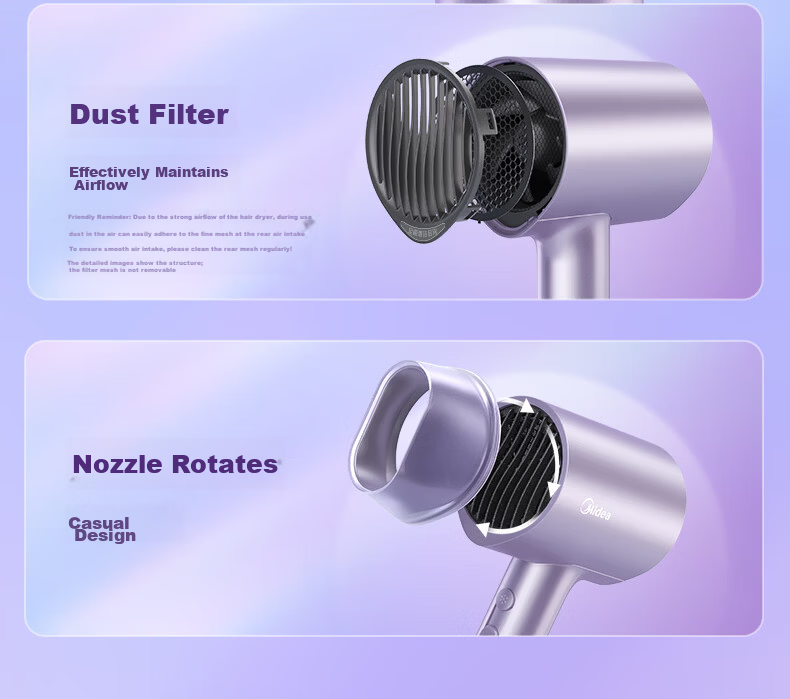 Midea 200 Million Negative Ion Hair Care Electric Hair Dryer, High-Power Fast-Drying Home Hair Dryer, Portable Hair Dryer, MB-AJ0504 Aurora Purple, Holiday Gift 11