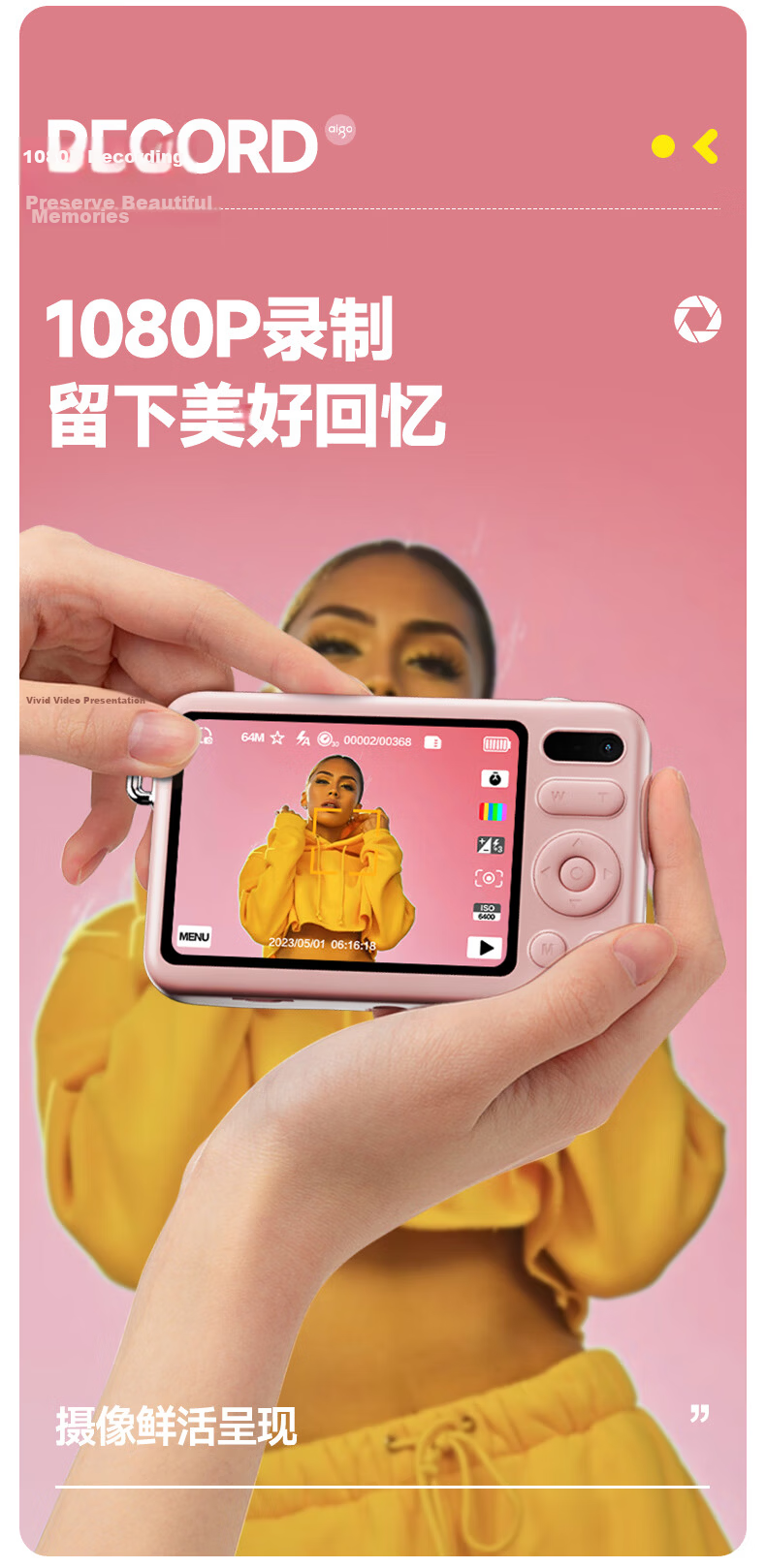 Aigo E3 Student Digital Camera, Compact Card Camera for Girls, High-Definition Campus Travel Birthday Gift Alternative CCD, Dual Rear Cameras with Selfie Function, 64GB White 11
