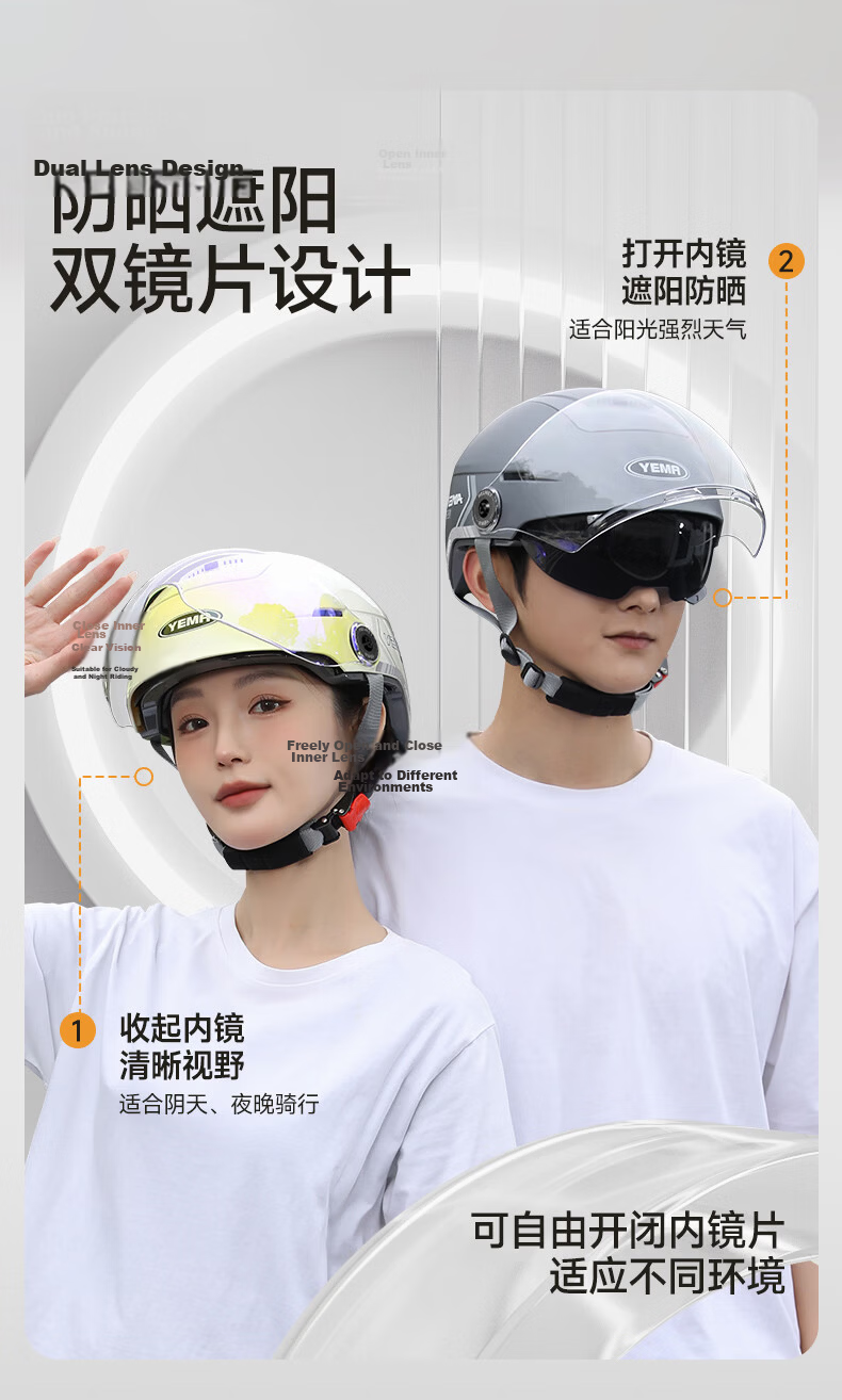 YEMA 3C Certified Electric Bike Helmet Unisex Motorcycle Half Helmet Summer Sun Protection Dual Lenses Zero-Pressure Sunroof Four-Season Universal Electric Scooter Safety Helmet 370S Ceramic White wit 12