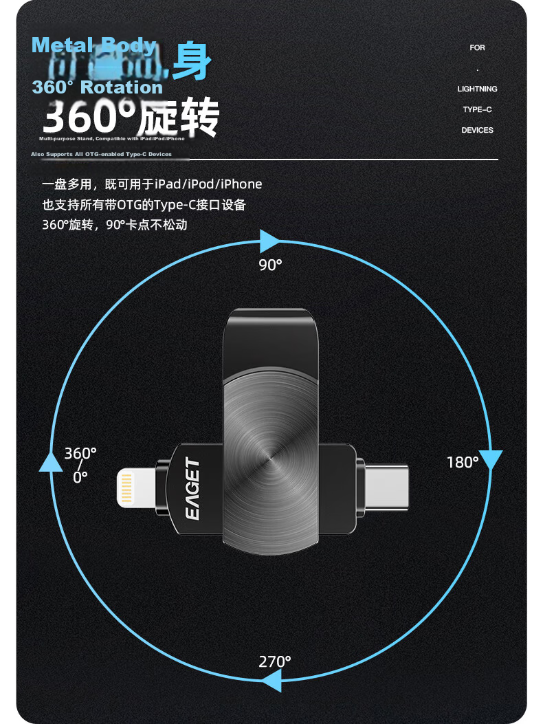 EAGET Triple-Interface Phone Expansion USB Flash Drive 256GB USB3.0, Apple Phone USB Type-C Drive, I90, Dual-Use Backup Device for Phones And Computers 9