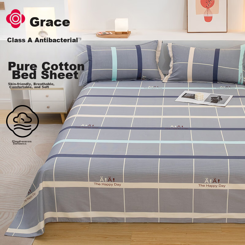 Grace A-Class Cotton Printed Four-Season Skin-Friendly Sweat-Absorbent Bedding Sheet Single Piece 7A Antibacterial 160x230cm British Style