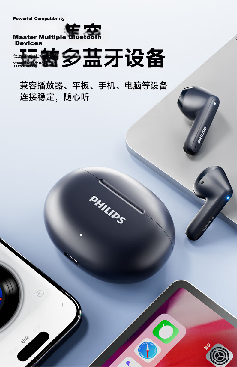 PHILIPS Bluetooth Earphones, True Wireless Semi-In Style, for Sports And Running, Mini Size, Music Noise Reduction, Gaming, Low Latency, Long Battery Life, Universal Fit, Compatible with Huawei And Apple, TAT1199-Blue 13