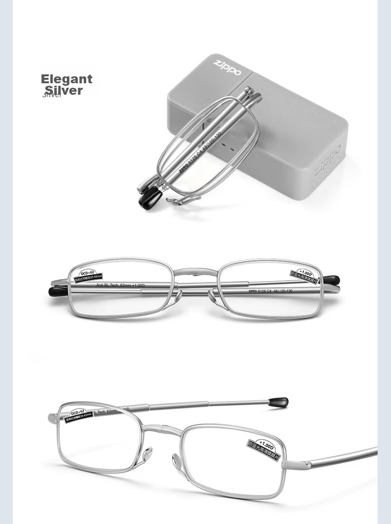 ZIPPO American Foldable Portable Reading Glasses, Ultra-Light Imported Brand, High-Definition Anti-Blue Light Eyewear, New Men's And Women's Styles, Silver, 200 Degrees 12