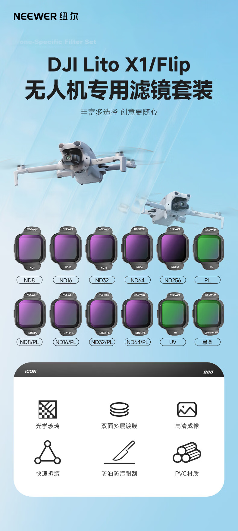 NEEWER DJI Lito X1/Flip Filter Kit Foldable Pocket Drone Professional Aerial Photography Lens UV Protection ND Neutral Density CPL Polarizer Filters 1