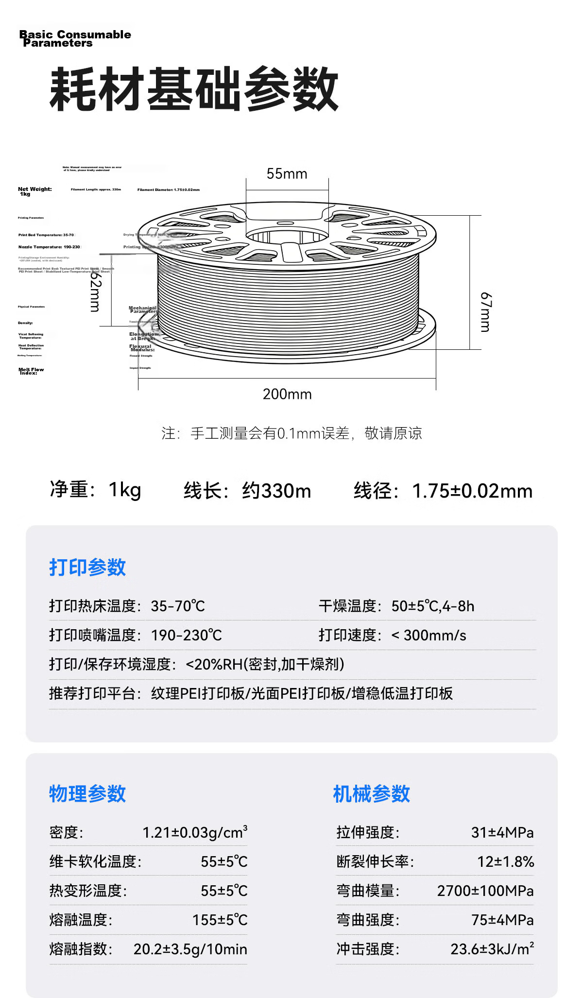 Caige 3D Printing Filament, PLA Basic 1.75mm, Suitable for Tuozhu, Chuangxiang Sanwei, Duoku, Jiguang Erwa Printers, Drawing Pens, Line Material, Black, 1kg 10