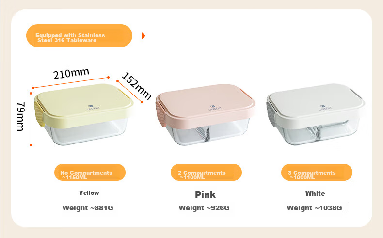 CAMUZ Glass Lunch Box Heat-Resistant Fresh-Keeping Microwaveable Large Capacity Yellow 3-Compartment Bento Box for Office Workers 6