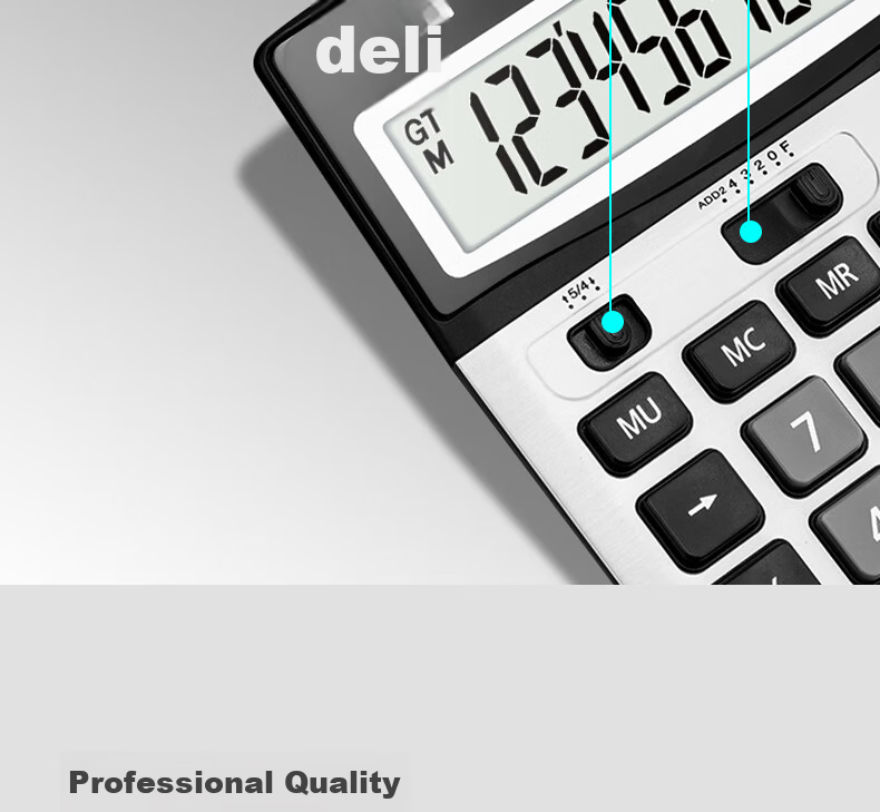 Deli Metal Panel Desktop Calculator, Dual Power Supply, Slim And Lightweight Body, Modern Office Style, 12-Digit Large Screen Display, TE309 Dark Gray 12