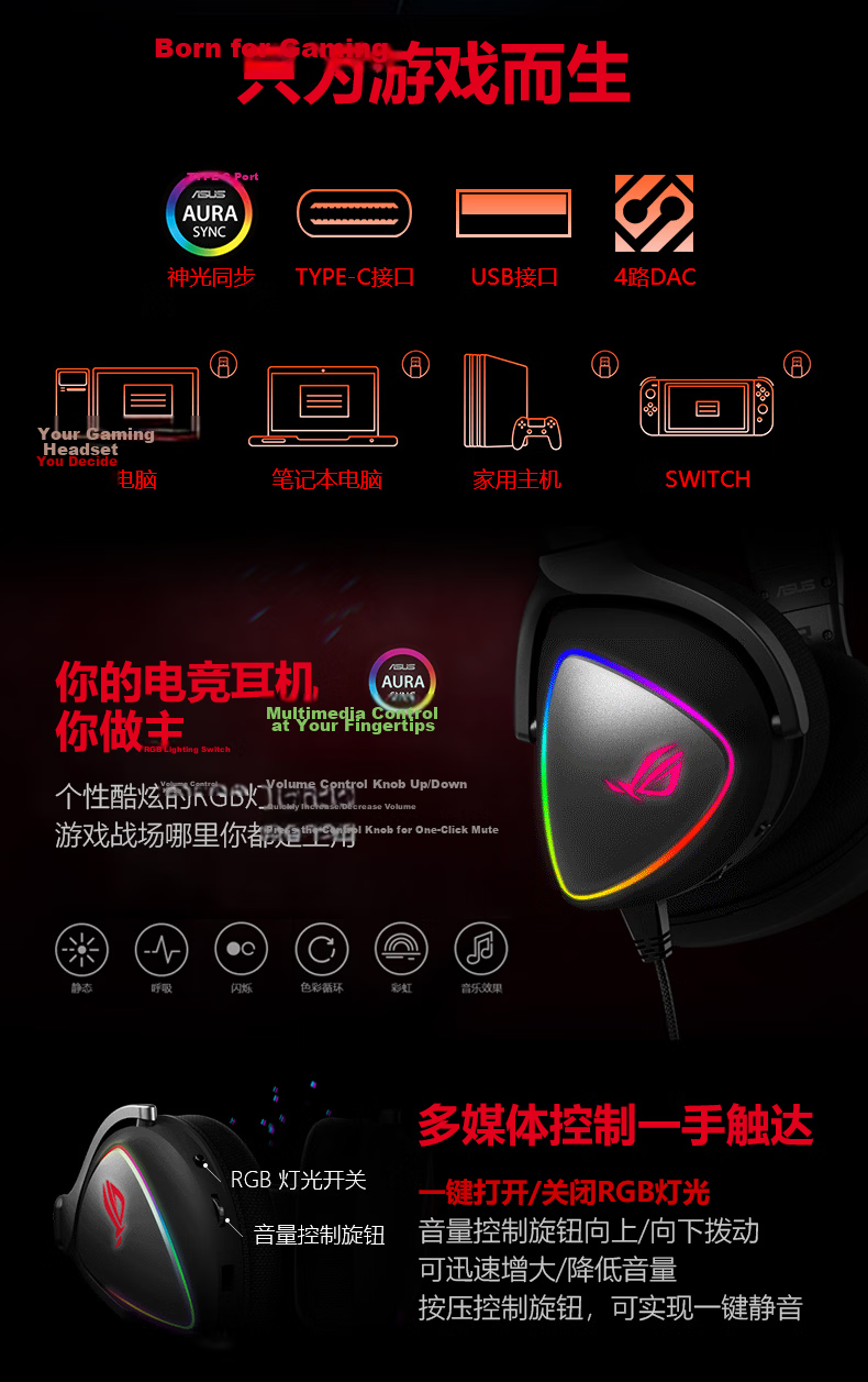 ROG Spherical Gaming Headset Over-Ear Headphones with 7.1 Surround Sound, Wired No-Lag USB/Type-C Switch Headphones, AI Noise-Cancelling Microphone, Compatible with Tri-Band Actio 14