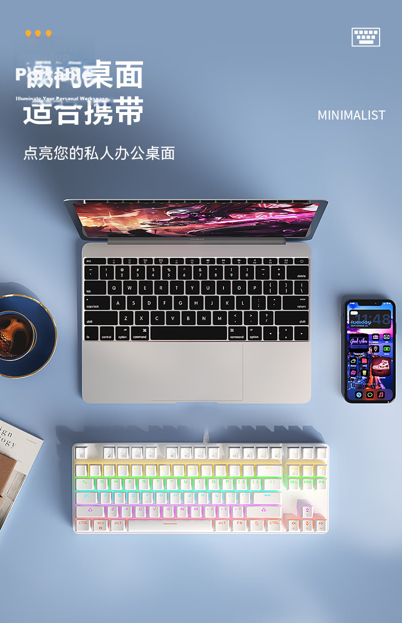 BOW Hangshi G68 Wired Mechanical Keyboard, E-Sports Gaming Customizable Hot-Swappable Mechanical Keyboard with 68 Keys, Office And Home Mixed Color Backlit Keyboard, White And Green Tea Switches 3