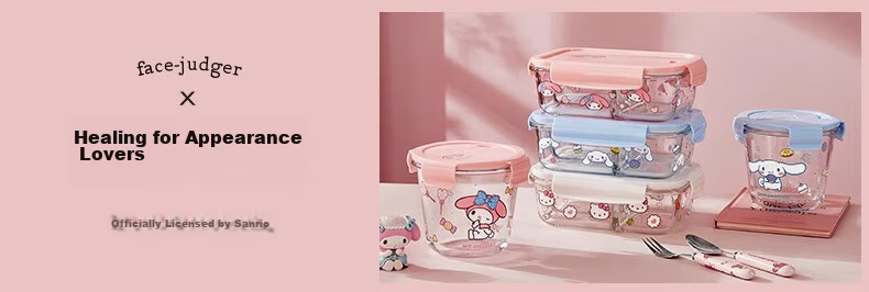 MANCHAOJIA Sanrio Glass Lunch Box Microwave Heating Fresh-Keeping Bowl Office Bento Soup Bowl Hello Kitty 700ML 1