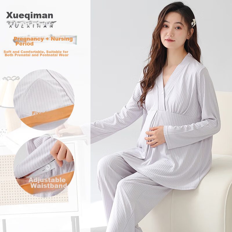 Xueqiman Women's Padded Maternity Nursing Homewear Postpartum Confinement Spring Summer Thin Long Sleeve Pajamas Suitable for Outside Wear
