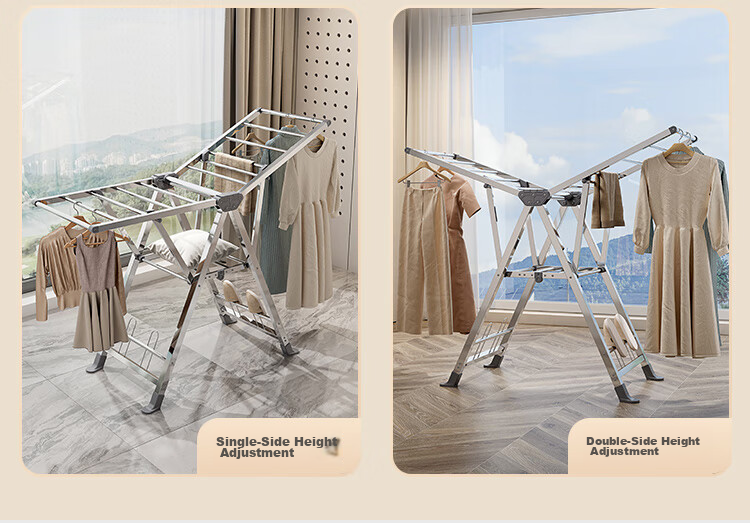 JD Jingzao Floor Clothes Drying Rack Foldable Stainless Steel Wing-Shaped Adjustable 3-Level Height Clothes Hanger 26