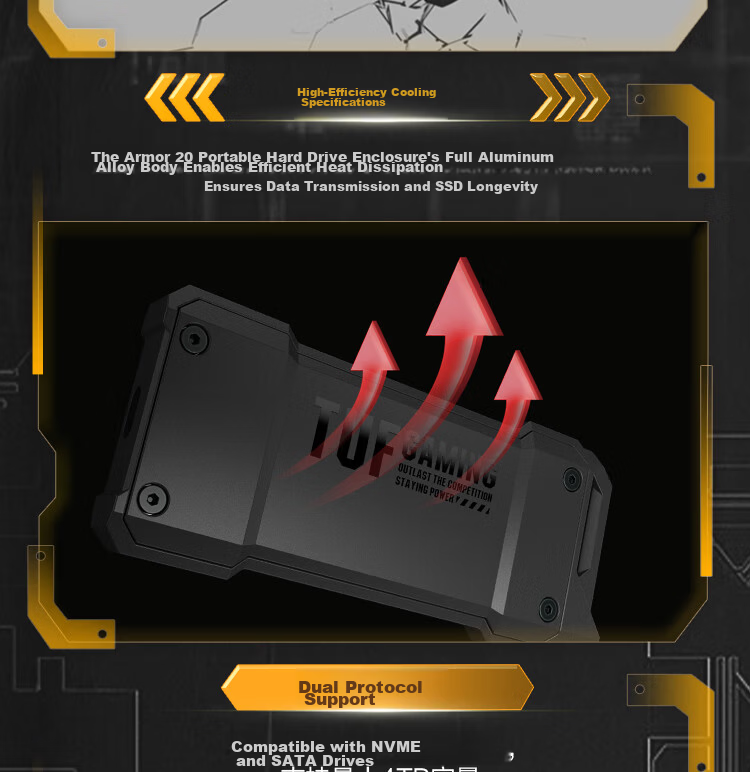 ASUS TUF GAMING Armor 20 M.2 High-Speed Portable SSD Enclosure NVME/SATA IP68 Waterproof Dustproof 1.2m Drop Resistant 20Gbps 5