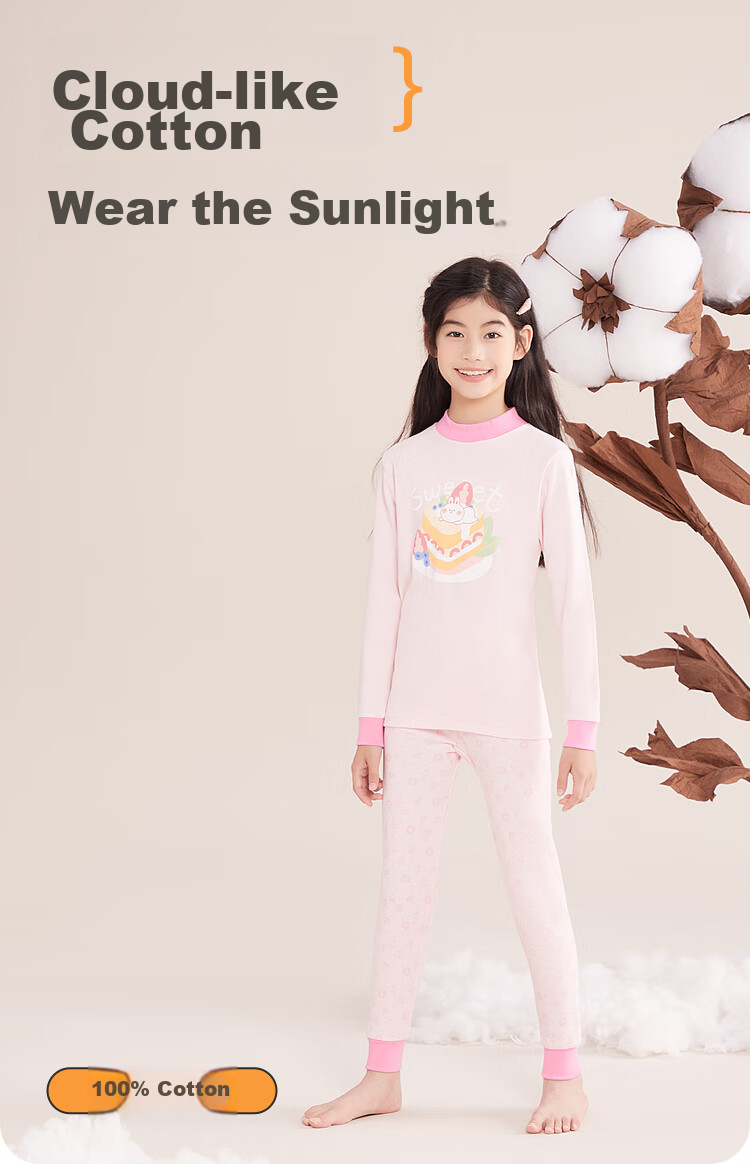 Hodohome Children's Autumn Underwear Set, Girls' Pure Cotton 7A Grade Antibacterial Semi-Turtleneck Thin Warm Underwear Set 118 150 3