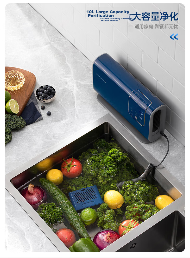 Morphyrichards Fruit and Vegetable Washer Home Dual-Chamber Wired Vegetable Cleaner Vegetable and Fruit Residue Removal Purification Machine MR2061 Luxury Blue 15
