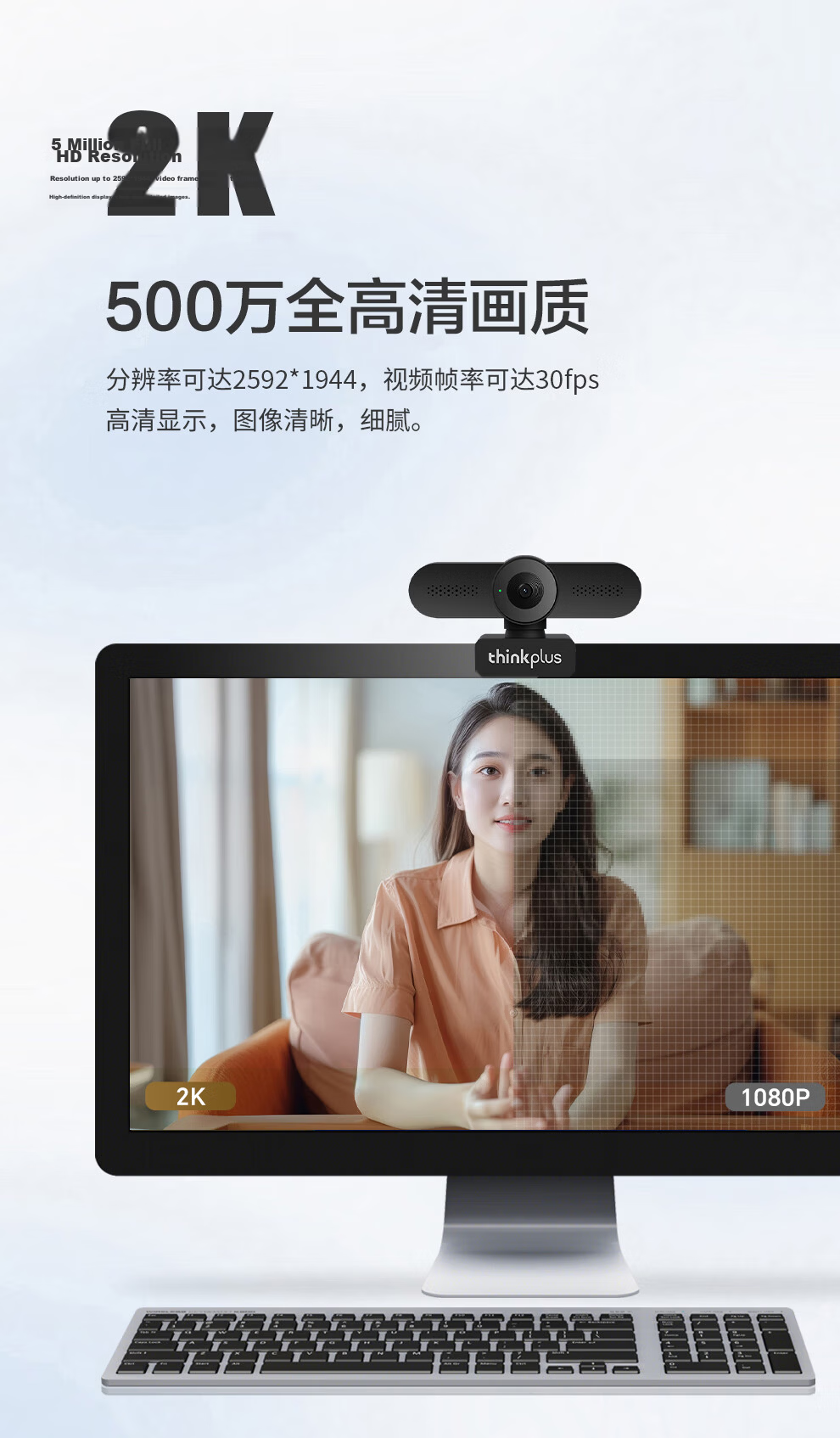 ThinkPad Lenovo ThinkPlus 2K HD Live Streaming Webcam with Microphone Conference Camera Auto Focus Plug and Play WL24A 3