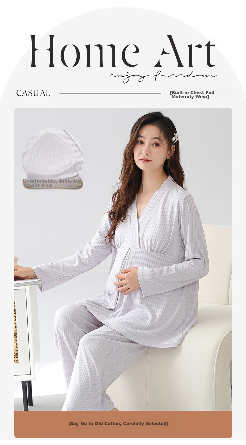 Xueqiman Women's Padded Maternity Nursing Homewear Postpartum Confinement Spring Summer Thin Long Sleeve Pajamas Suitable for Outside Wear 1