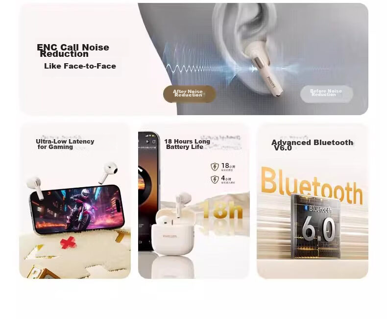 PHILIPS TAT1420 In-Ear Bluetooth Earphones Noise-Cancelling Wireless Headset Long Battery Life Waterproof Sweatproof for Gaming Music Calls Compatible with Apple Huawei Gold 3