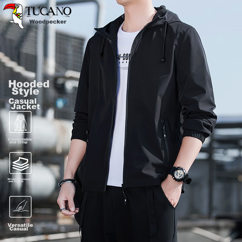 TUCANO Men's Hooded Windproof Durable Casual Versatile Fashion Trendy Jacket Black M