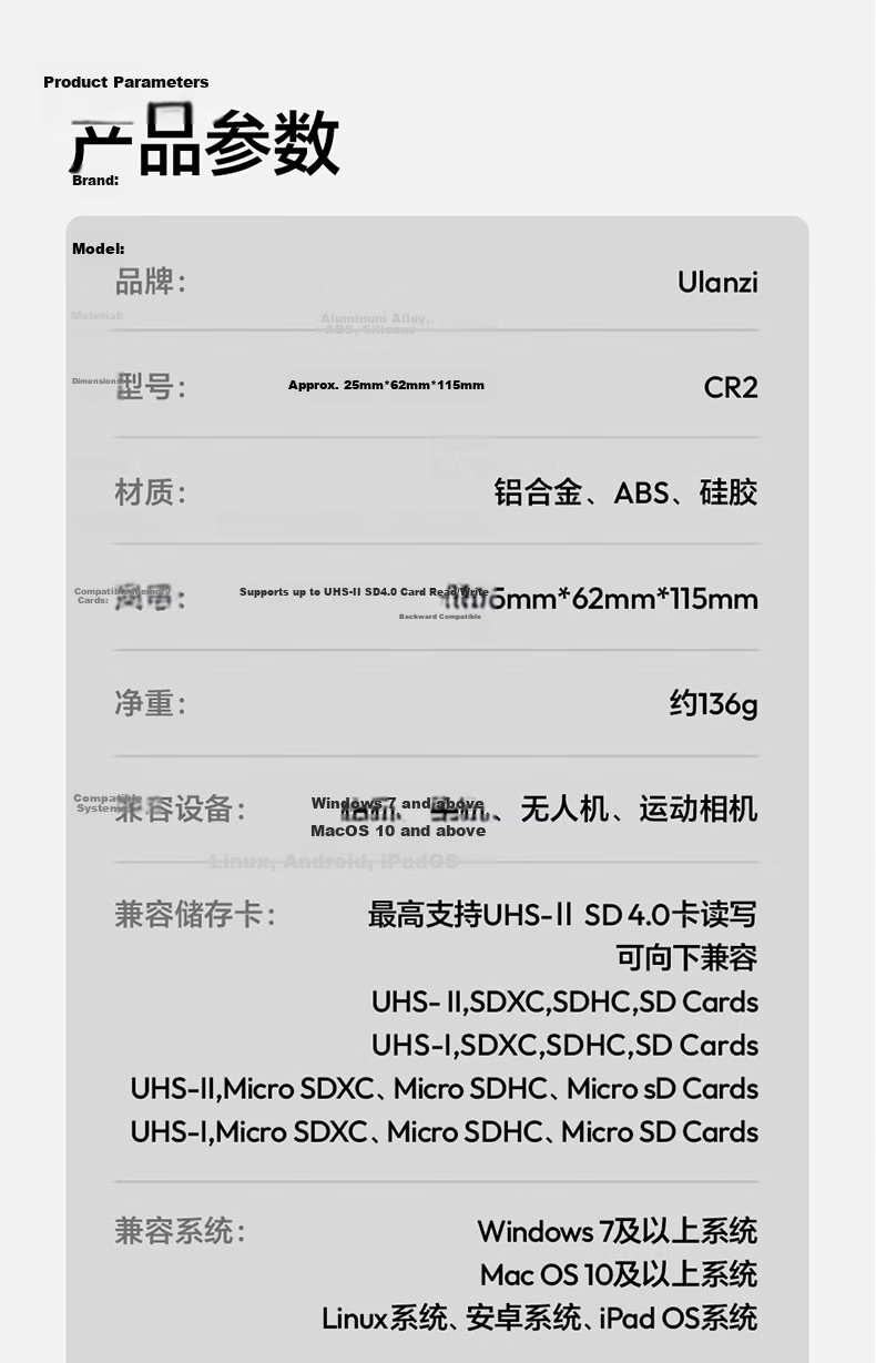 Ulanzi CR1 Three-In USB/Type-C Card Reader 3.1 High-Speed SD/TF Compatible with Computers, Tablets, Smartphones, Action Cameras, Drones, CCD Surveillance Storage Cards 14