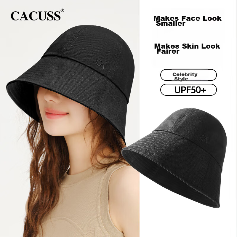 CACUSS Women's Four-Season Sun Protection Bucket Hat Outdoor UV Protection Sun Hat Large Brim Black Large Size