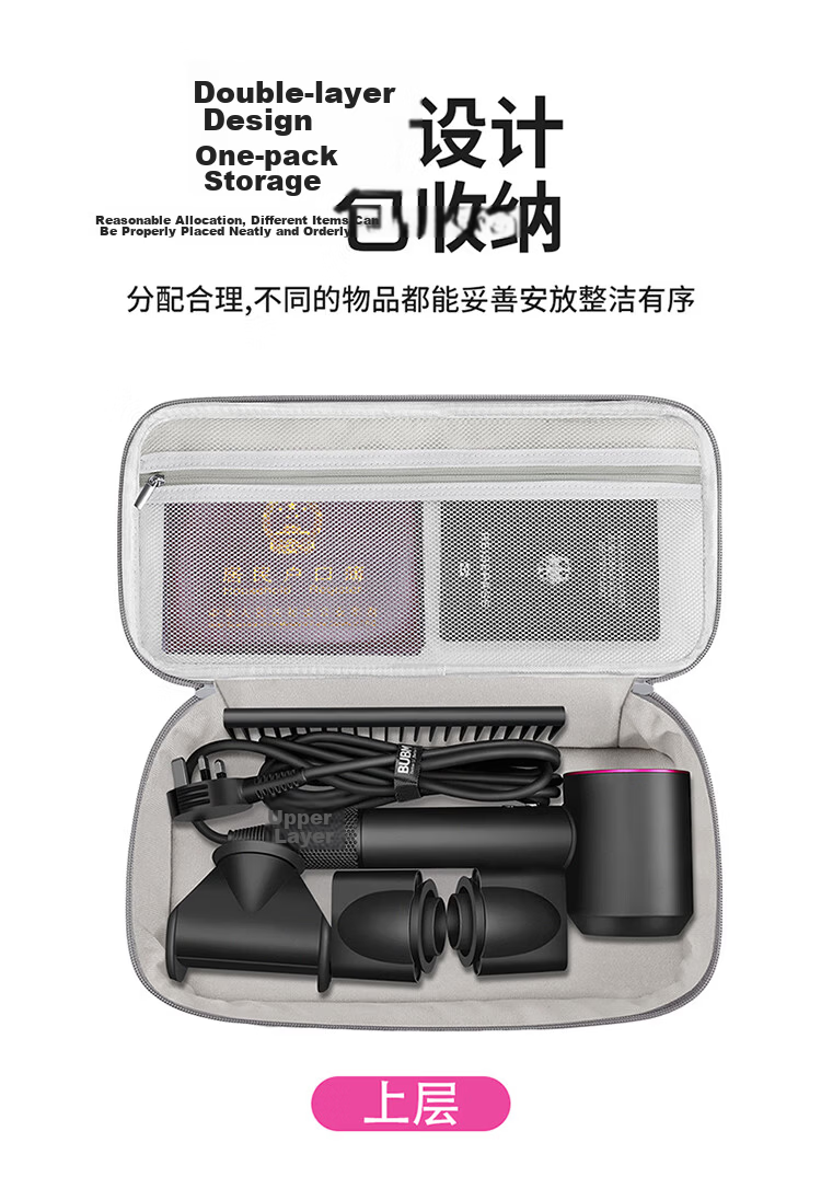 BUBM Compatible with Dyson Hair Dryer Storage Bag Portable Travel Makeup Bag Double-Layer Curling Iron Multifunctional Storage Pouch 7