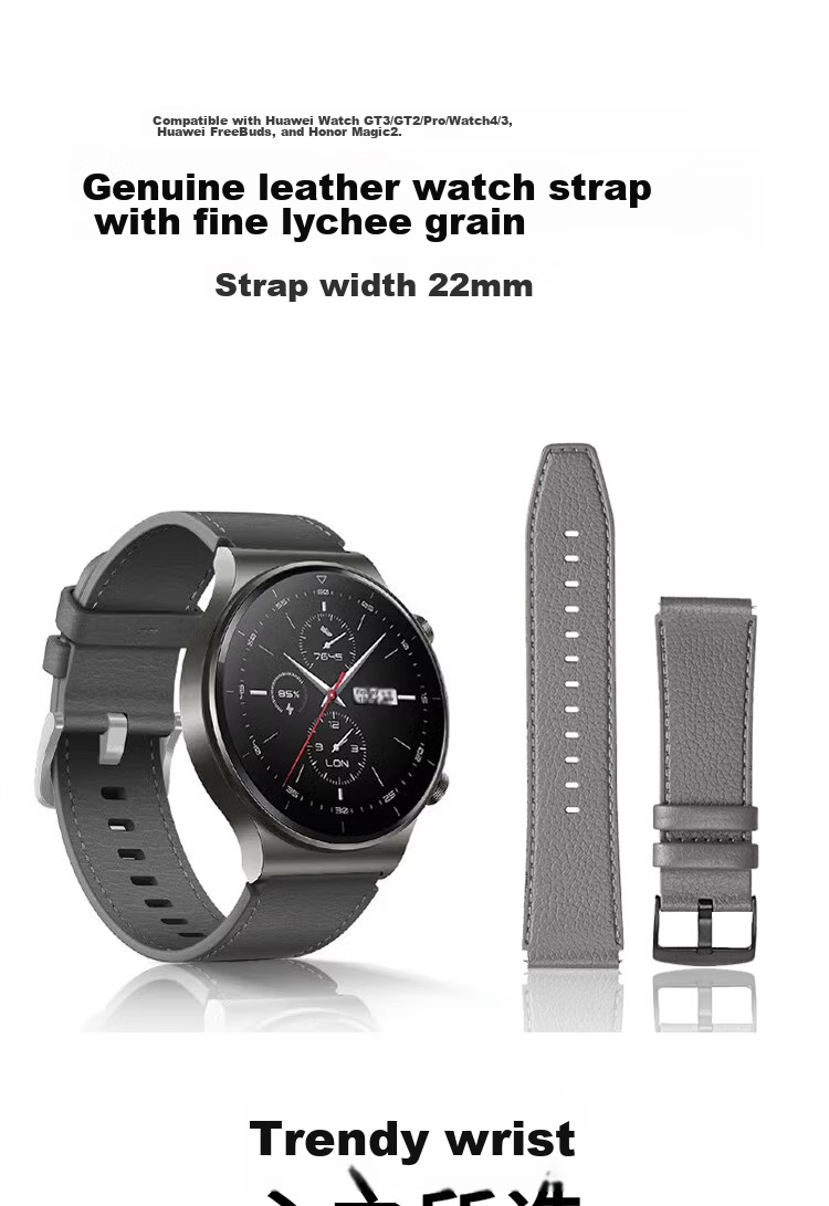 ESCASE Suitable for Huawei Watch Straps GT6/5/4/Pro/Watch5/4/3/Buds Smartwatch, Fine Litchi Pattern Genuine Leather Strap, 46/48MM, Premium Gray S02 1