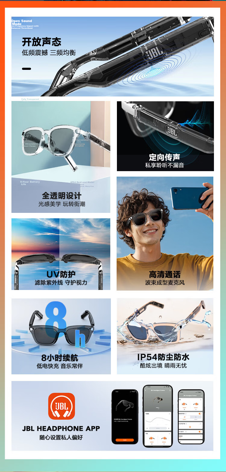 JBL Soundgear Frames Wireless Bluetooth Smart Audio Glasses Open-Ear Earphones Birthday Gift Recommendation Square Frame Phantom Black 2