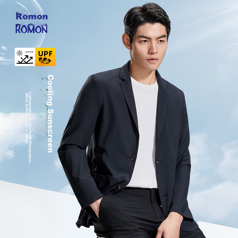 ROMON Men's Sunscreen Suit 2026 Summer Business Wrinkle-Free High-End Single Blazer Cool Feeling Jacket Navy Blue M