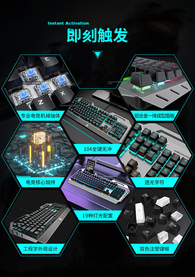 EWEADN TK900 Mechanical Keyboard And Mouse Set, Gaming Wired Desktop Computer Laptop Office Keyboard Mouse Headset Three-Piece Set with Functional Knob, 104 Keys, Blue Switches, PUBG Peripherals 2