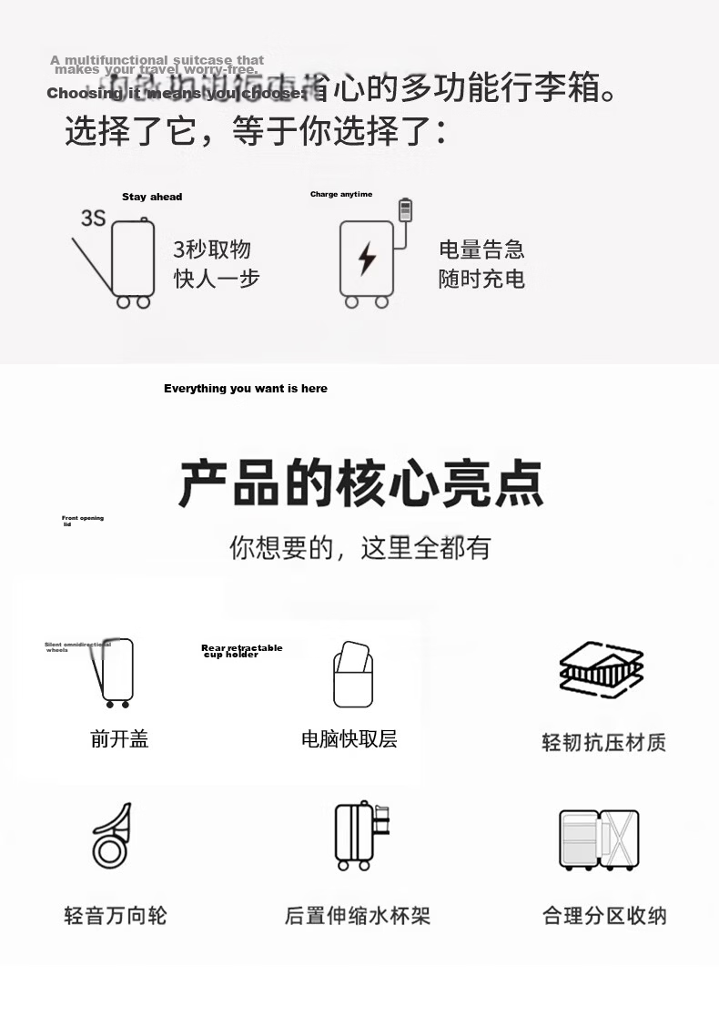 Huahuagongzi Front-Opening Multifunctional Trolley Suitcase for Women And Men, Business Travel Password Lock Luggage, 24-Inch Silver 2